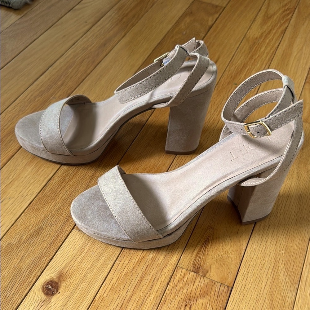 LOFT Taupe Suede Block Heel Ankle Strap Sandals